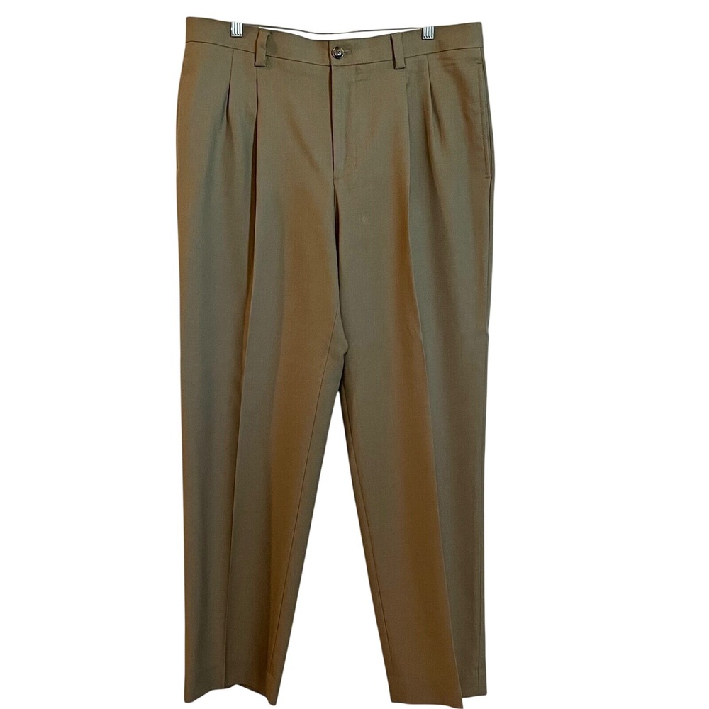 LL Bean Classic Fit Pleated Wool Dress Pants Men's 35 Taupe Brown